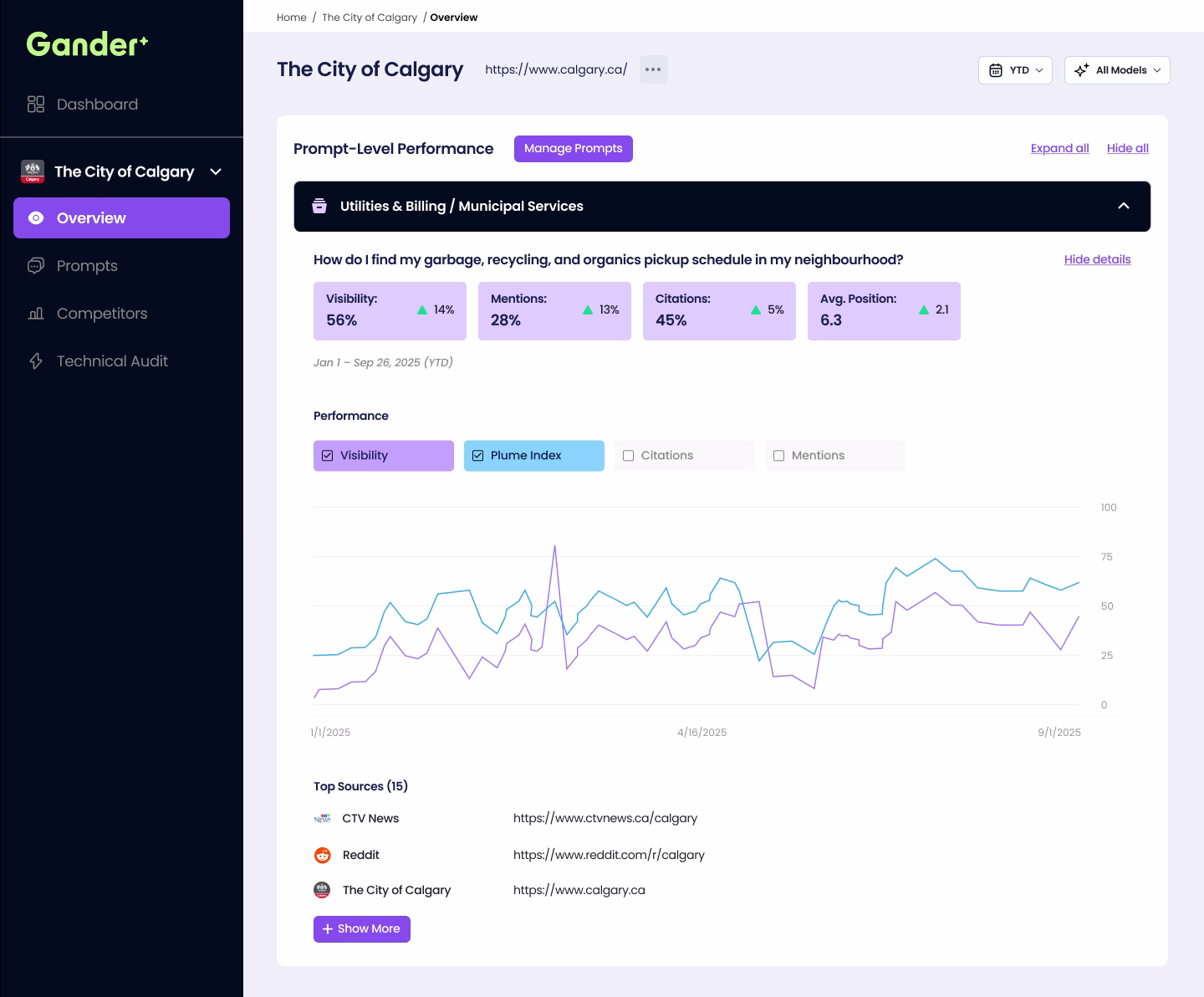 Screenshot of the overview panel in the Gander dashboard